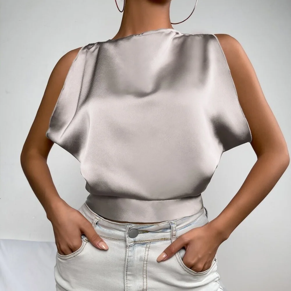 Boho silver Grey Cut out Back Satin Crop Top - Picture 9 of 12
